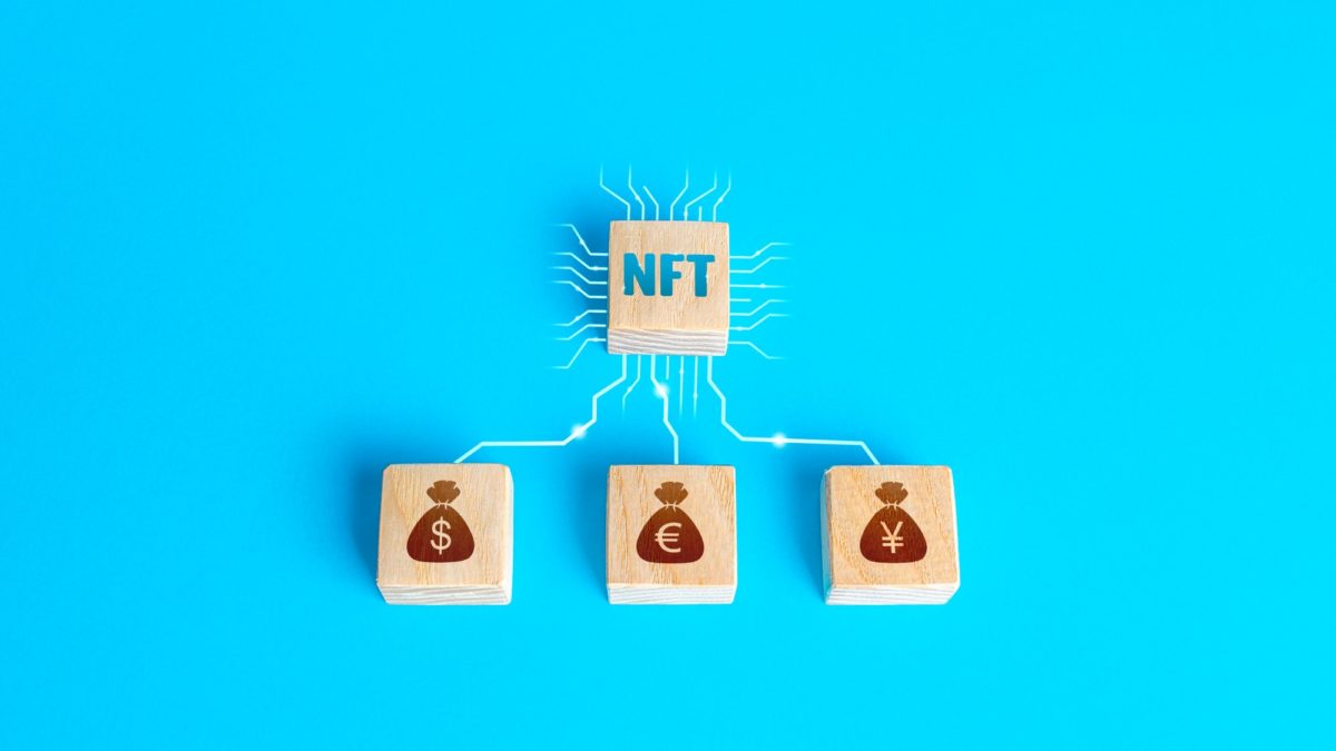 Blocks NFT non-fungible token and money connected by lines. Selling digital assets and art